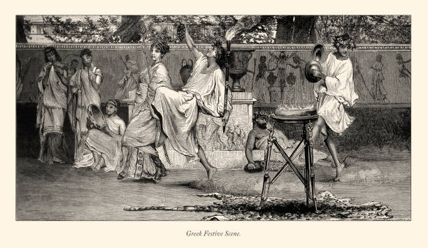 vintage, grecka scena świąteczna, angielski wiktoriański grawerowanie, 1875 - toga stock illustrations
