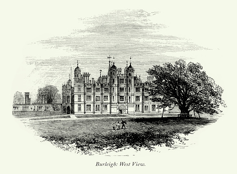 Very Rare, Beautifully Illustrated Antique English Victorian Engraving, Burleigh Hall, Leicestershire, England, 1875. Source: Original edition from my own archives. Copyright has expired on this artwork. Digitally restored.