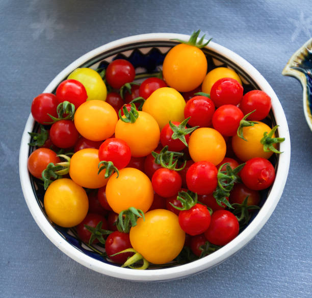 istock Yellow and red cherry organic tomatoes with white background 1257655931