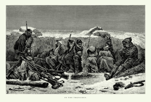 vintage, w okopach, rycerowanie wiktoriańskie, 1875 - people in a row stock illustrations