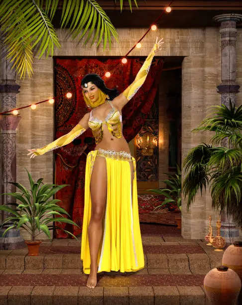 Beautiful middle eastern belly dancer with traditional veil and bedlah costume, 3d render.