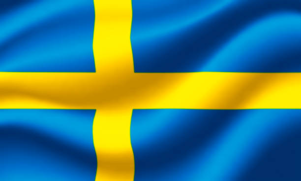 Flag of Swedish waving in the wind. Render 3D. stock photo