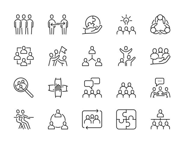 ilustrações de stock, clip art, desenhos animados e ícones de teamwork editable stroke line icons - people