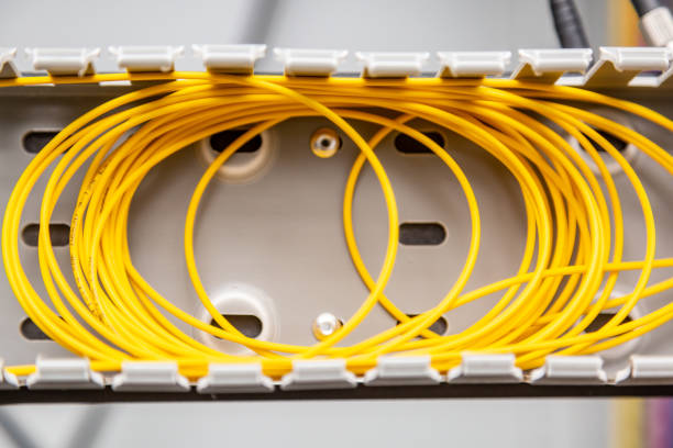 Yellow fiber optic cables coiled into a spool in an organizer. Horizontal orientation