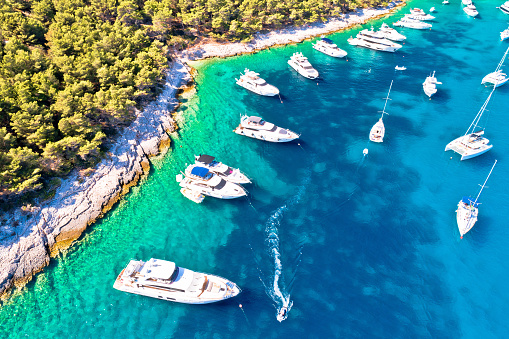 Aerial view of Palmizana, yachting cove and turquoise beach on Pakleni Otoci islands, archipelago of Hvar in Croatia