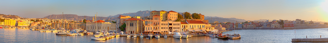 Amazing and Picturesque Old Center of Chania  Cityscape with Ancient Venetian Port At Sunset in Crete, Greece.Panoramic Image Composition