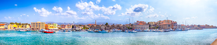 Travel Concepts and ideas. Panoramic Image of Chania Old City and Ancient Venetian Port Taken From Lighthouse Pier in Crete, Greece.Panoramic image