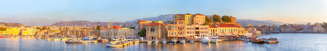 Amazing and Picturesque Old Center of Chania  Cityscape with Ancient Venetian Port in Crete, Greece.Panoramic Image composition