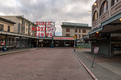 Seattle, USA – April 29, 2020: Late in the day an empty Pike Place Market at the height of the Coronavirus city wide stay at home order.
