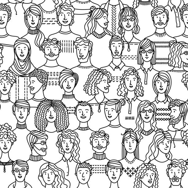 illustrations, cliparts, dessins animés et icônes de groupe diversifié d’hommes et de femmes restant ensemble - seamless black pattern white