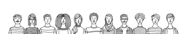 Group portrait of diverse people Group portrait of diverse people. Smiling men and women standing together. Web banner with happy students or work team. Outline cartoon vector multi-ethnic poster. Caucasian, African, Asian, Muslim muslim cartoon stock illustrations