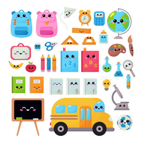 ilustraciones, imágenes clip art, dibujos animados e iconos de stock de volver al vector escolar kawaii establecido para niños. objetos de imágenes prediseñadas educativas con cara de kawaii - reloj cuco