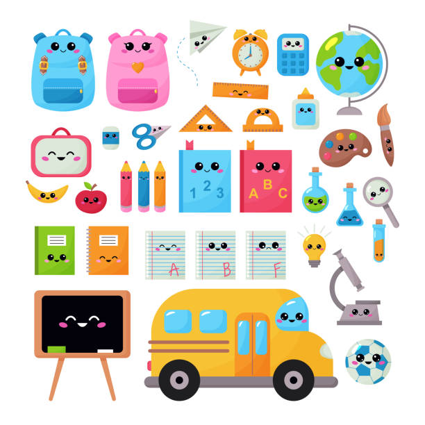 Back to school vector kawaii set for children. Educational clipart objects with kawaii face Funny cartoon characters. Cute backpacks, pencils, apple, book,notebook and school bus. pencil cartoon stock illustrations