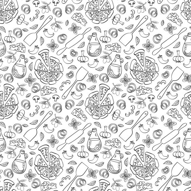 Pizza seamless pattern on white background Pizza seamless pattern. Doodle food objects isolated on white background. Vector illustration. pizza designs stock illustrations