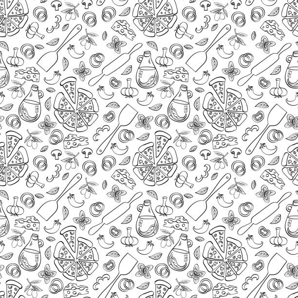 Pizza seamless pattern on white background Pizza seamless pattern. Doodle food objects isolated on white background. Vector illustration. italian cafe clip art stock illustrations