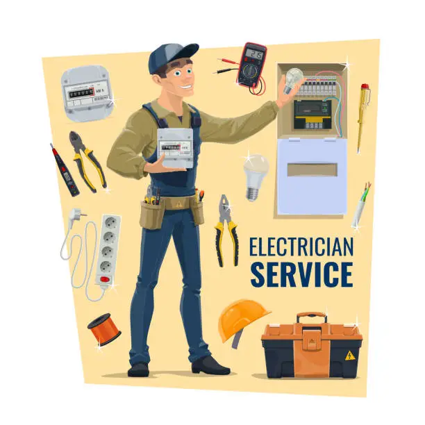 Vector illustration of Electrician worker, tools and supplies vector