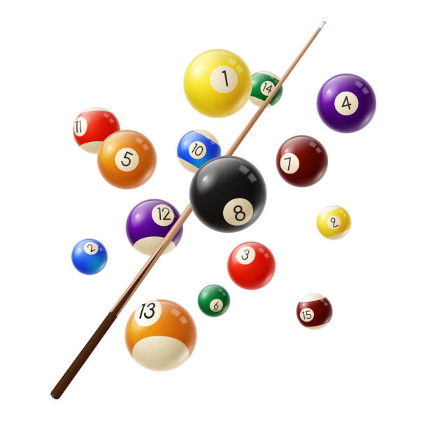 ilustrações de stock, clip art, desenhos animados e ícones de billiard balls and cue 3d realistic vector - bilhar desporto com taco ilustrações