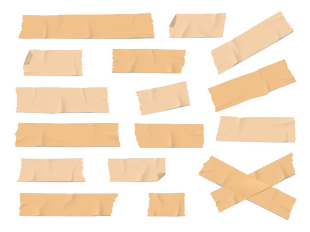Adhesive, duct tape pieces realistic vector Adhesive, duct or insulating tape pieces realistic vector set. Beige masking tape crumpled stripes with torn, curved edges on white background. Industry, packaging, office supplies,scrapbook element painter stock illustrations