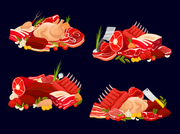 육류 유형 �송아지와 쇠고기, 돼지 고기, 닭고기와 양고기 - steak meat t bone steak raw stock illustrations