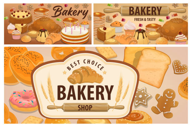 ilustraciones, imágenes clip art, dibujos animados e iconos de stock de pastelería dulce, pancartas vectoriales de productos de panadería - pretzel sesame vector snack