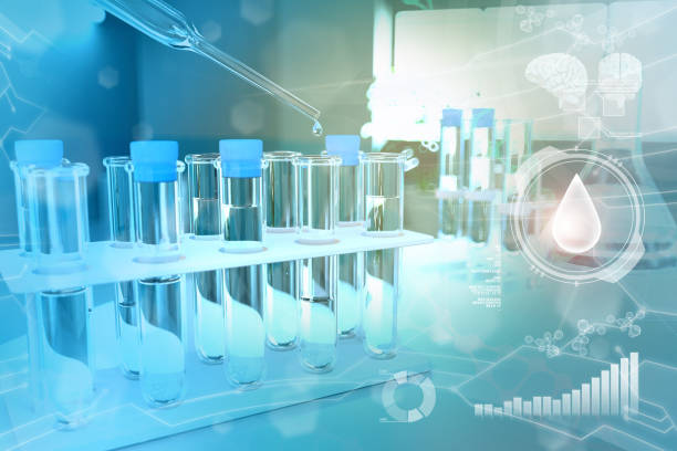 istock drink water quality test for viruses (like covid-2019) concept - lab test tubes in modern chemical study office, medical 3D illustration 1257679872