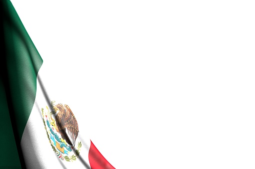 nice isolated illustration of Mexico flag hanging diagonal - mockup on white with space for text - any holiday flag 3d illustration
