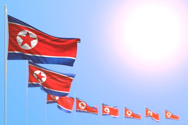 istock cute feast flag 3d illustration
 - many North Korea flags placed diagonal with selective focus and free place for your text 1257679923