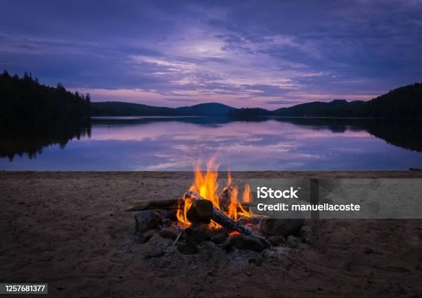Burning Campfire On The Beach On My Kayak Camping Trip Stock Photo - Download Image Now