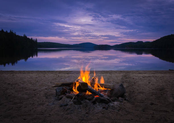 burning campfire on the beach on my kayak camping trip - campfire imagens e fotografias de stock