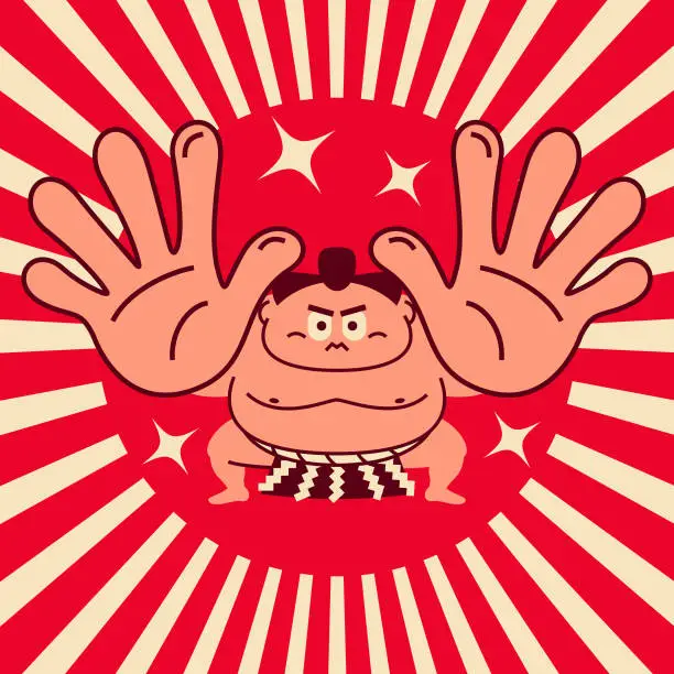 Vector illustration of Sumo wrestler crouching giving palm attack