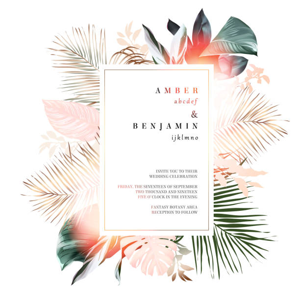 Tropical elegant pastel frame arranged from exotic and dried palm leaf. Tropical elegant pastel frame arranged from exotic and dried palm leaf. Design vector. Paradise plants chic card. Stylish fashion banner. Wedding template. All leaves are not cut.Isolated and editable travel designs stock illustrations