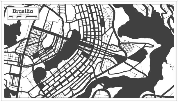 ilustrações, clipart, desenhos animados e ícones de brasília brasil mapa da cidade em preto e branco cor em estilo retrô. mapa de contorno. - brasilia