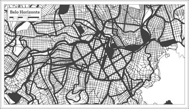 Vector illustration of Belo Horizonte Brazil City Map in Black and White Color in Retro Style. Outline Map.