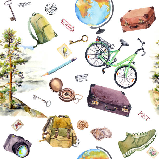 istock Travel seamless pattern with pine tree, tavel equipment - bicycle, photo camera, compass, suitcase, backpack. Watercolor tourist design 1257695086