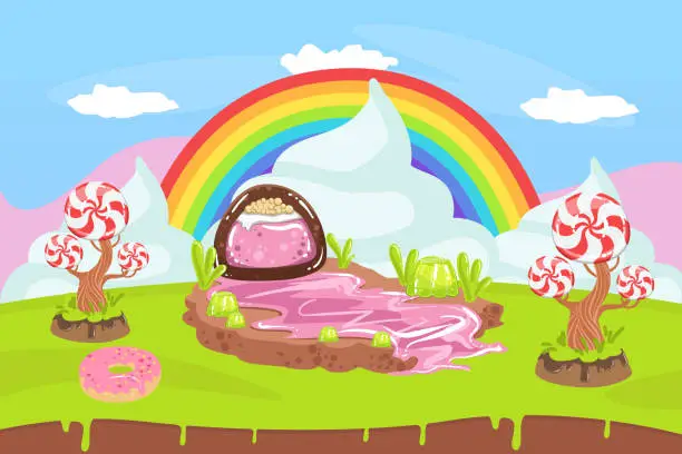 Vector illustration of Sweet Candy Land, Fantasy Landscape with Rainbow, Desserts and Sweets Vector Illustration