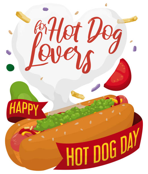 illustrazioni stock, clip art, cartoni animati e icone di tendenza di hot dog con nastri, ingredienti e vapore per l'hot dog day - salsa relish cucumber party