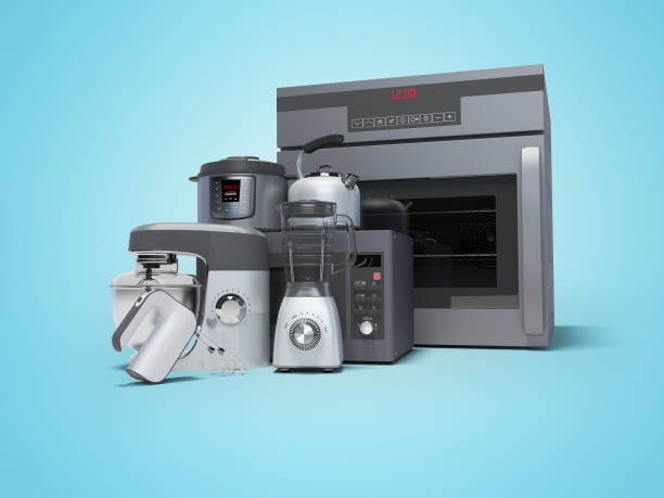 istock Kitchen electrical appliances built into group of electric oven blender electric kettle microwave 3d rendering on blue background with shadow 1257697818