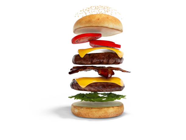 istock Concept of creating hamburger in layers 3d render illustration on white background with shadow 1257697864