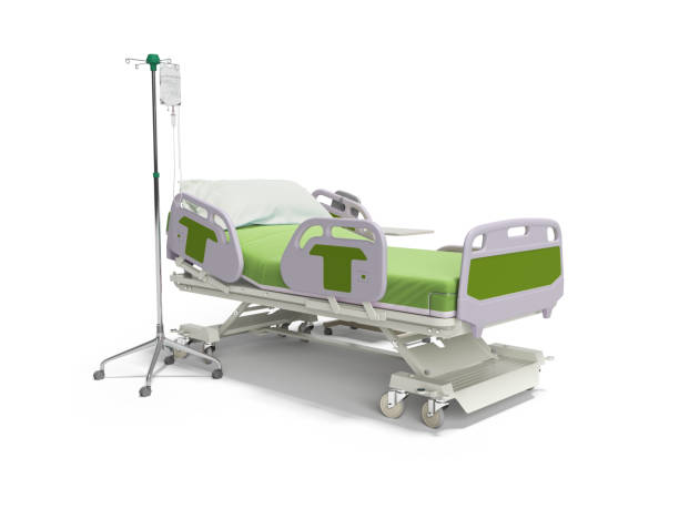 istock Concept green hospital bed semi automatic with remote control and drip on tripod 3d render on white background with shadow 1257697870