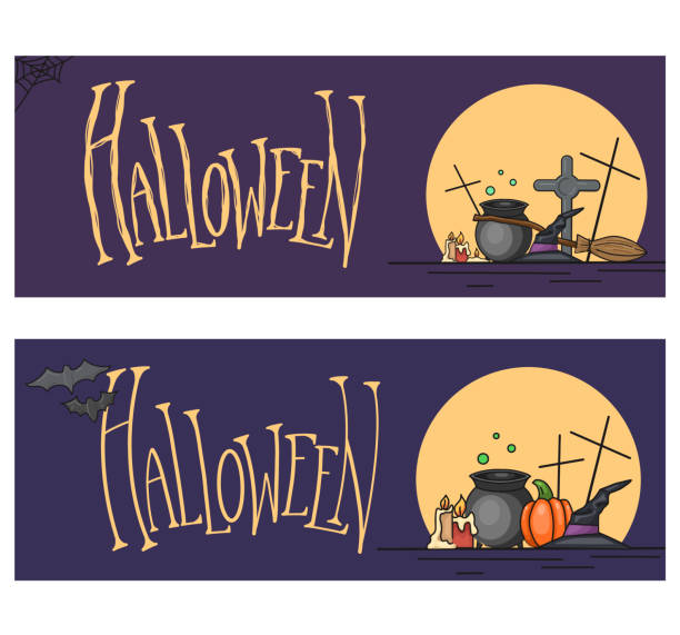 Set of horizontal holiday banners for Halloween with illustration and lettering. Cartoon witch cauldrons, hats, tombstone, pumpkins on the background of the moon. Vector element Set of horizontal holiday banners for Halloween with illustration and lettering. Cartoon witch cauldrons, hats, tombstone, pumpkins on the background of the moon. Vector element for your design bewitchment stock illustrations