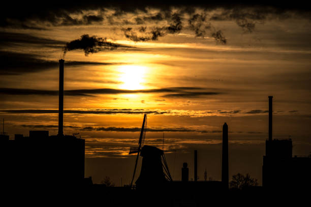 Silhouette of windmills in Netherlands