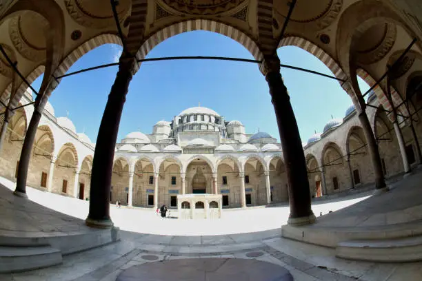 The arcade and atrium of the Süleymaniye Mosque in Istanbul, Turkey.