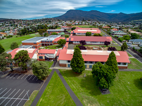 Aerial view of Cosgrove High School buildings in Glenorchy, Tasmania