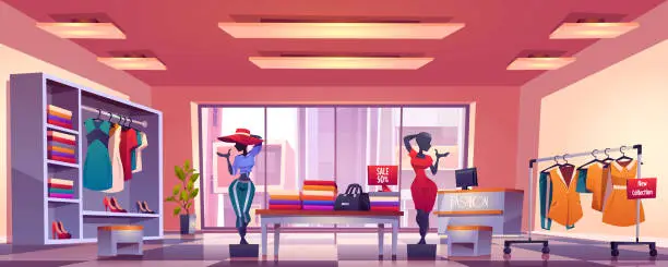 Vector illustration of Fashion store interior with counter and mannequins