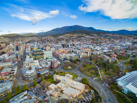 Aerial view of the Hobart CBD under the iconic Mount Wellington/ Kunanyi