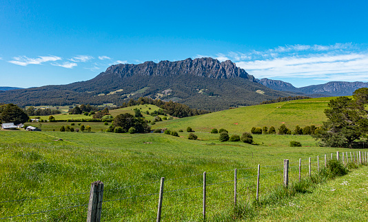 Majestic Mount Roland, Tasmania surrounded by green pastures