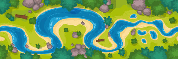 River top view, curve riverbed with blue water River top view, cartoon curve riverbed with blue water, coastline with rocks, trees and green grass. Summer nature landscape, beautiful valley, scenic picturesque natural stream, vector illustration aerial view landscape stock illustrations