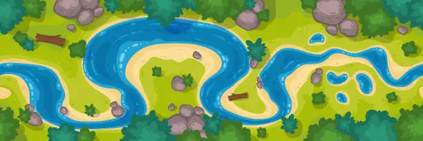 Vector illustration of River top view, curve riverbed with blue water