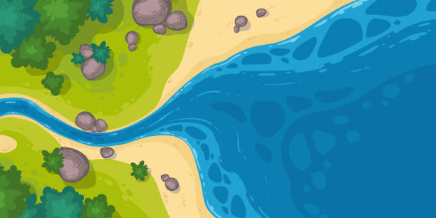ilustrações, clipart, desenhos animados e ícones de fluxo do rio no mar ou lagoa vista panorâmica - ocean scenic illustrations