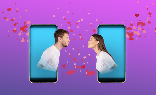 Online Love Concept. Creative collage of beautiful couple kissing virtually from the screen of their phones, banner